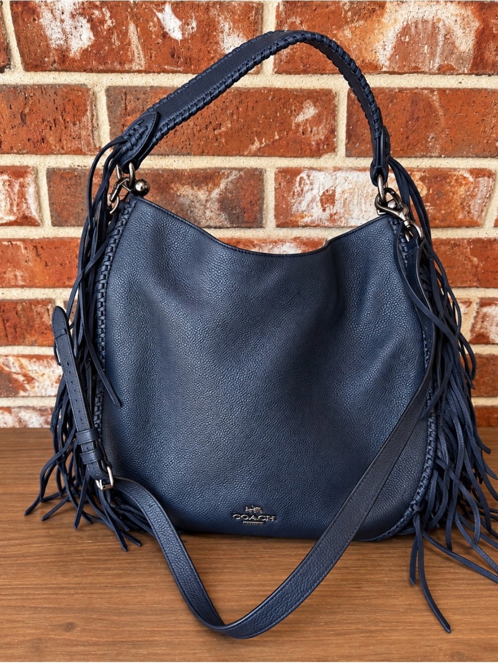 Coach Dark Navy Leather Fringe Hobo Bag